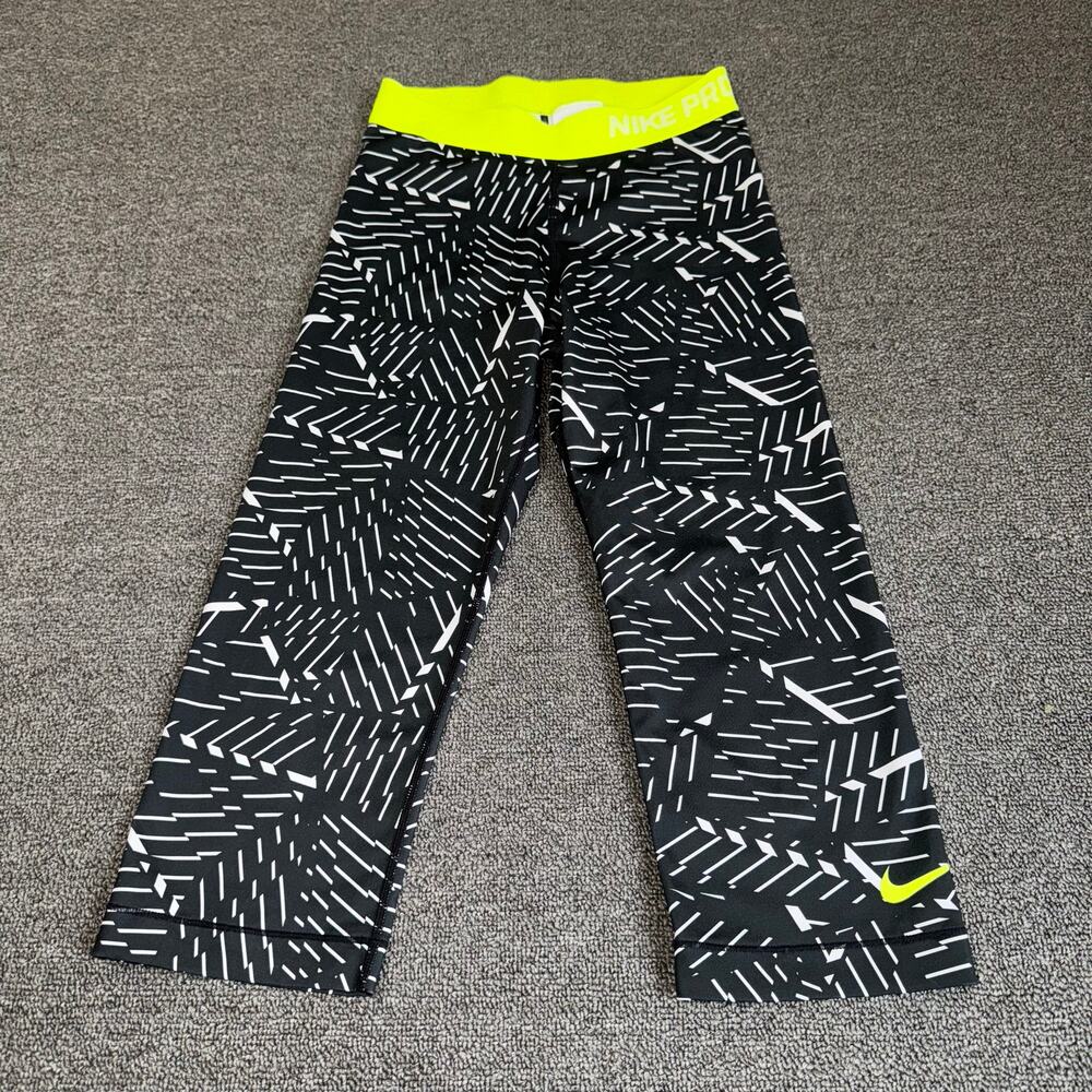 NIKE Pro Capri Leggings Women's Size Small Black Neon Yellow Dri-Fit Gorpcore